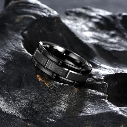 King Will Classic Mens 、Tungsten Carbide Rings Brick Pattern Groove Center | Silver/Black/Gold/Rose Gold, 8mm, Grooved, Comfort Fit, Brick pattern, Everyday Wear - color: A-Black