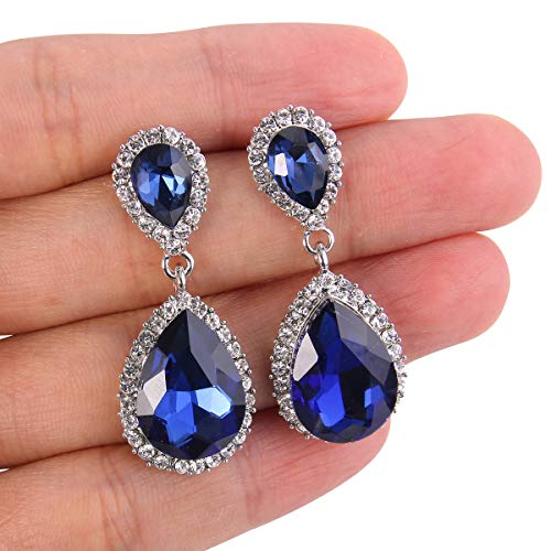 EVER FAITH Women's Austrian Crystal Wedding Tear Drop Dangle Earrings | Bridal Prom Jewelry for Bride Bridesmaid - color: Navy Blue