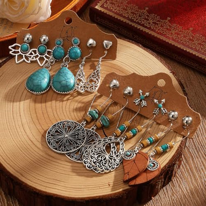IFKM Bohemian Jewelry Set With Turquoise Necklace, Dangle Earrings, Stackable Bangle Bracelets, Knuckle Rings For Women Vintage Western Boho Turquoise Anniversary Birthday Friendship Gift - style: Bohemian style