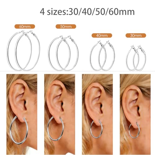 5/8 Pairs Gold Silver Hoop Earrings for Women Stainless Steel Jewelry Set | 30 40 50 60 70 mm, 14K Gold Plated Stainless Steel, Hypoallergenic, Lightweight, Thin, Small Medium Large Dangle - color: 8 Pair/Silver+Gold (30/40/50/60mm)