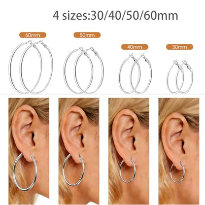 5/8 Pairs Gold Silver Hoop Earrings for Women Stainless Steel Jewelry Set | 30 40 50 60 70 mm, 14K Gold Plated Stainless Steel, Hypoallergenic, Lightweight, Thin, Small Medium Large Dangle - color: 8 Pair/Silver+Gold (30/40/50/60mm)