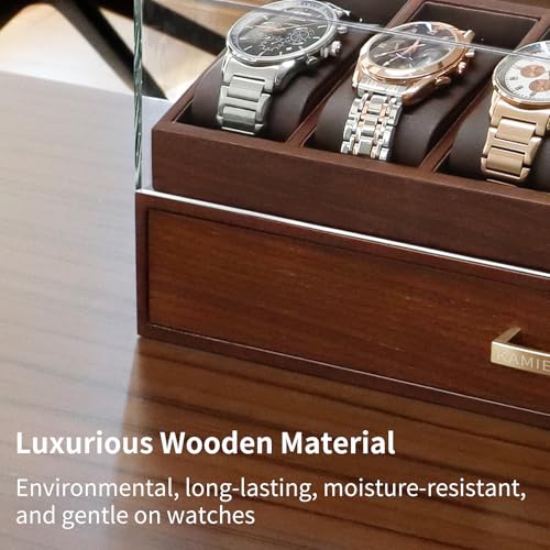 KAMIER High End Wooden Watch Box with 6 Slots & Glass Lid - 2-Layer Jewelry Organizer for Men - Watch Display Case, Ideal Business Gift for Watch Enthusiasts （with Gift Box）, Walnut
