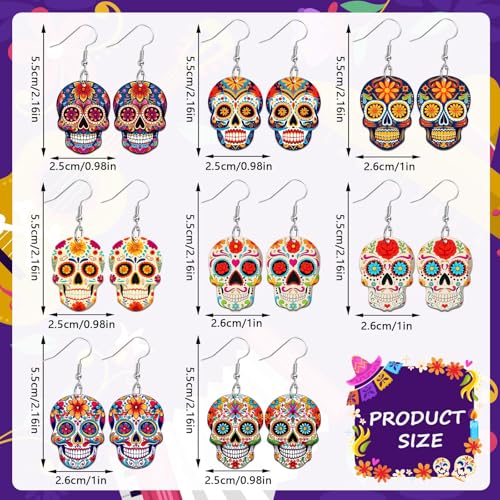 8 Pairs Day of the Dead Earrings for Women Skull Acrylic Jewelry | Dia De Los Muertos Earrings, Festive Sugar Flower Skull Dangle, Day of the Dead Jewelry Gifts, Acrylic Material, Double Side - style: Day of the Dead