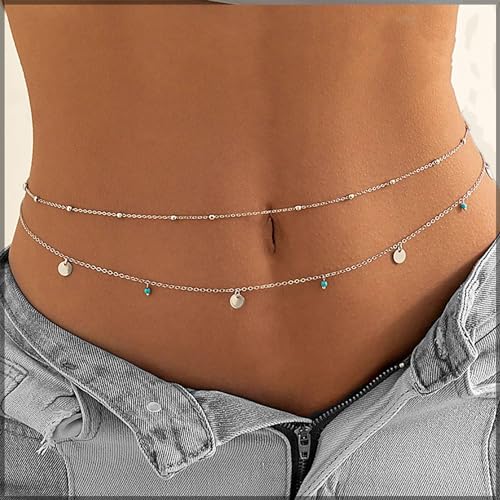 Waist Chains for Women Gold Waist Chain Silver Belly Chain Adjustable Layered Body Chain Sequin Belly Chains Sexy Bikini Beach Jewelry for Women (26.8-36.6 Inch) - style: turquoise+silver