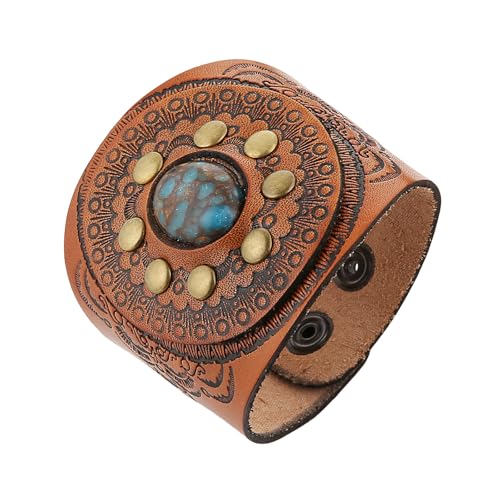 HZMAN Vintage Turquoise Leather Bracelet, Adjustable Punk Sunflower Cuff Bracelet for Men Women - color: Wide-Brown