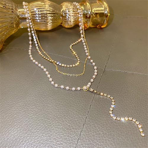 Lasso Necklace for Woman Gold And Pearl Lasso Necklace Exquisite Waterproof Adjustable Y Shaped Sun Necklaces Layered Pearl Lariat Necklaces Jewelry - color: gold2