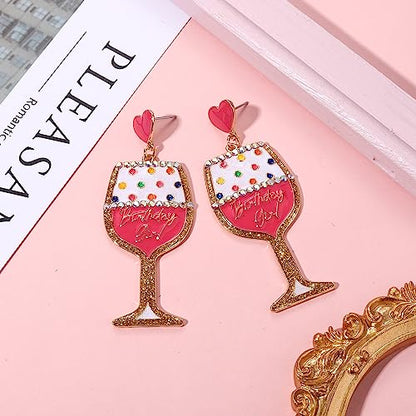 Birthday Earrings for Women Happy Birthdays Earrings Statement Cake Champagne Bottle Earring Happy Birthdays Dangle Earring Birthday Gifts Party Favors - color: Wine Glass