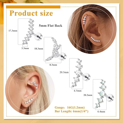 8Pcs Stainless Steel 16G Conch Piercing Jewelry Helix Cartilage Earrings | Flower Opal CZ Stud Earrings Set with Flat Back for Women, 18K Gold Plated, Silver, Rose Gold - color: Silver