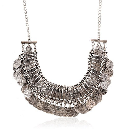 LUREME Vintage Engraved Coin Bib Statement Necklace Clavicle Necklace (01003295) - style: Antique Silver