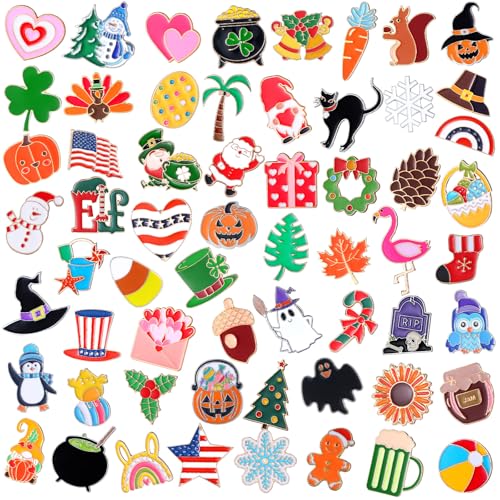 60pcs Holiday Enamel Pins Set Fall Halloween Festival Lapel Brooches | Thanksgiving Christmas Autumn Winter Mixed Theme, Metal Lapel Badges for Backpack Hat Jacket, Party Favor Gift for Women Girl
