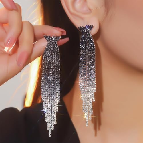 Rhinestone Earrings Prom Earrings for Women Sparkly Long Tassel Chandelier Drop Statement Earring Jewerly Gifts Wedding Party Prom Dresses Accessories - color: B5:black&silver