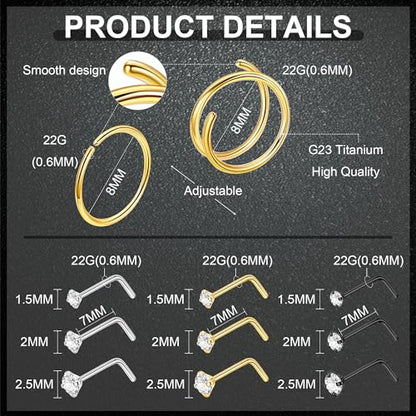 22G 18Pcs G23 Titanium Nose Rings Hoops for Sensitive Skin Double Nose Rings L Shaped Nose Studs Hypoallergenic Nose Piercings Jewelry - color: Silver+Gold+Black