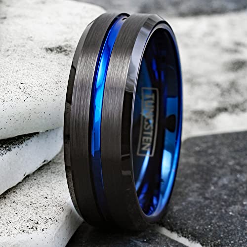 Stunning 6mm/8mm Brushed Satin Finish Black Tungsten Carbide Band Ring w/Brilliant Thin Blue Line Stripe & Matching Brilliant Blue Comfort Fit Inner Band.