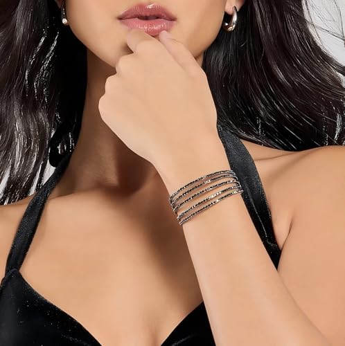 Black Rhinestone Cuff Bracelet for Women Layered Crystal Bridal Jewelry | Adjustable, Open Arm Cuff, Multilayer, Bangle Bracelets, Hypoallergenic, Lightweight, for Prom Cocktail Party Wedding Dating