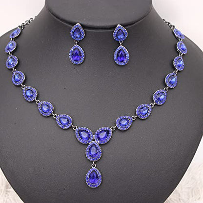 Austrian Crystal Rhinestone Necklace Dangle Earrings Link Bracelet Jewelry Set for Brides Bridesmaid Prom Costume Accessories for Women - color: Blue-Gun Black