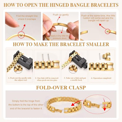 MPRAINBOW 2pcs 18K Gold Plated Chain Link Bracelet, Stainless Steel Crystal Friendship Bracelets Bangle,Watch Band Chains Wristband Jewelry with Adjust Tool - color: Gold Set - F