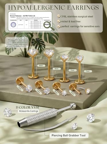 LOLIAS 4Pairs Moissanite Flat Back Earrings Hypoallergenic Nose Rings Studs | Threadless,Push in,Flatback,Surgical Steel,Cartilage Helix Tragus Labret Piercing Jewelry,Taper Ball Grabber Tool 20G 18G 16G - color: Gold, size: 16G
