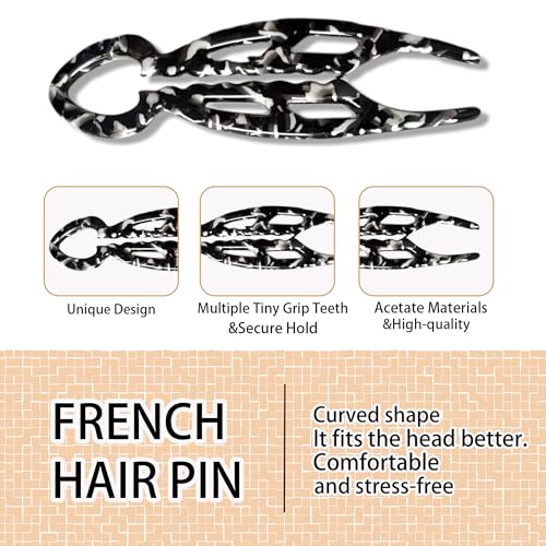 5 PCS French Hair Pin for Updos Chignons & Buns Hair Pins for Women Acetate French Twist Pin Secure Hold All Day, Comfortable Fit - color: black