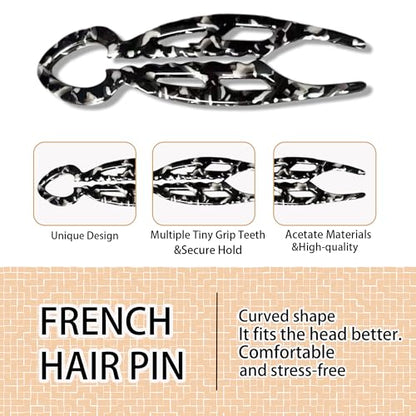 5 PCS French Hair Pin for Updos Chignons & Buns Hair Pins for Women Acetate French Twist Pin Secure Hold All Day, Comfortable Fit - color: black