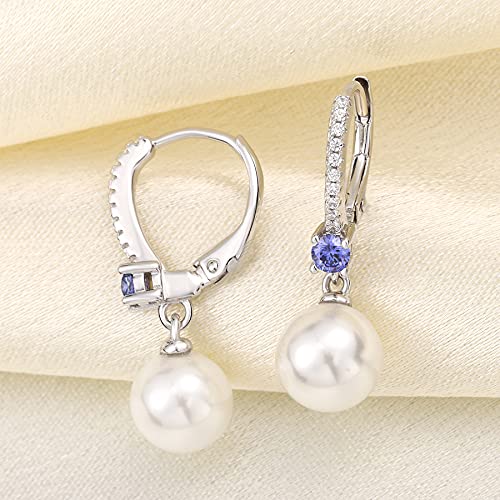 JO WISDOM 925 Sterling Silver Freshwater Pearl Hoop Earrings with Dangle Real Pearl,Simulated Pearls - color: B-8mm white pearl,tanzanite color