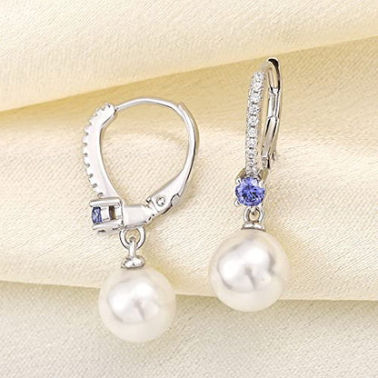 JO WISDOM 925 Sterling Silver Freshwater Pearl Hoop Earrings with Dangle Real Pearl,Simulated Pearls - color: B-8mm white pearl,tanzanite color