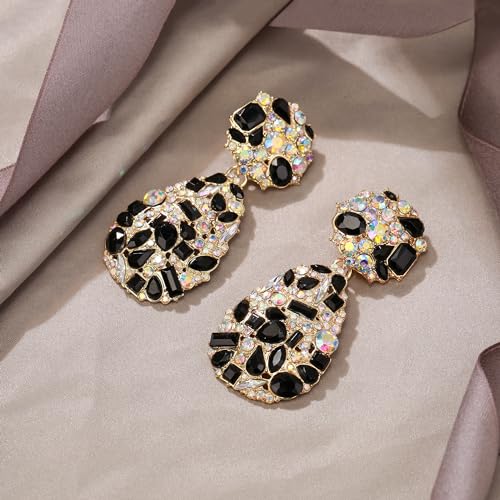 EVER FAITH Glamour Rhinestone Statement Clip-on Earrings, Fashion Chic Art Deco Sparkly Marquise Water Drop Crystal Dangle Earrings for Women - color: Black Gold-Tone