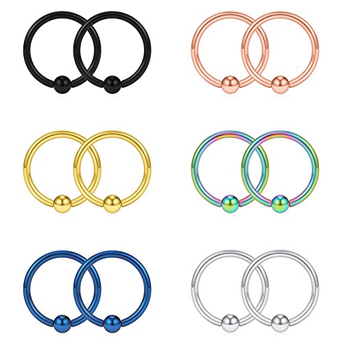SCERRING 16G Captive Bead Piercing Ring Stainless Steel Nose Septum Tragus Helix Nipple Lip Eyebrow Hoop Rings 12PCS - style: 12PCS - 10mm Mix Color