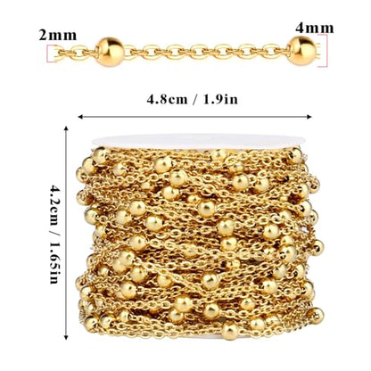 33FT 2mm Gold Satellite Bead Chains Roll Bulk for Jewelry Making Necklace | 18K Gold PVD Plated 304 Stainless Steel Ball Beaded Link Chains Spool for DIY Craft - color: Gold Big Beads Satellite Cable Chain