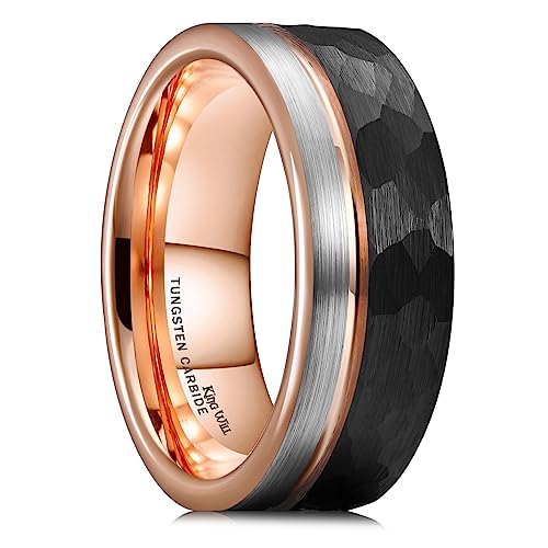 King Will Mens Tungsten Carbide Wedding Band with Groove Design | 6/7/8mm Width, Grooved, Comfort Fit, Everyday Wear - color: Hammered Rose Gold-8mm