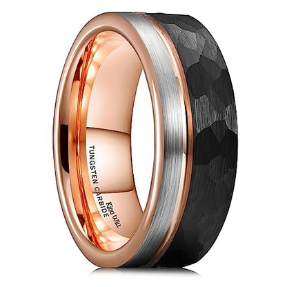 King Will Mens Tungsten Carbide Wedding Band with Groove Design | 6/7/8mm Width, Grooved, Comfort Fit, Everyday Wear - color: Hammered Rose Gold-8mm