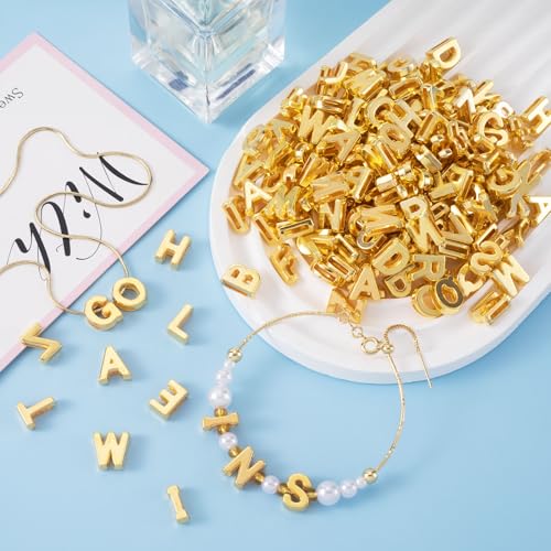 100 Pcs Gold Alphabet Letter Beads, 3D Bulk Resin Pendants | Easy Threading 3D Loose Letter Beads, Large Hole Plastic Initial Charms for Shoelace, KeyChain, Bracelet, Craft, 11×12mm - color: Gold