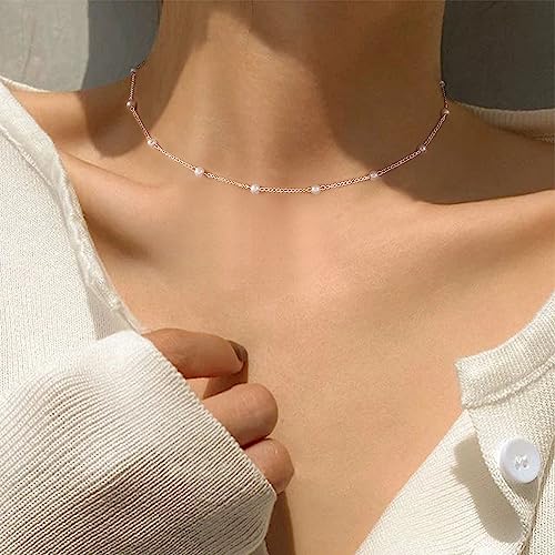 Pearl Necklaces for Women,14K Real Gold Plated Dainty Cute Pearl Necklace for Women Handmade Pearl Chain Necklace Everyday Jewelry Gift - color: Choker Style-35CM-Silver