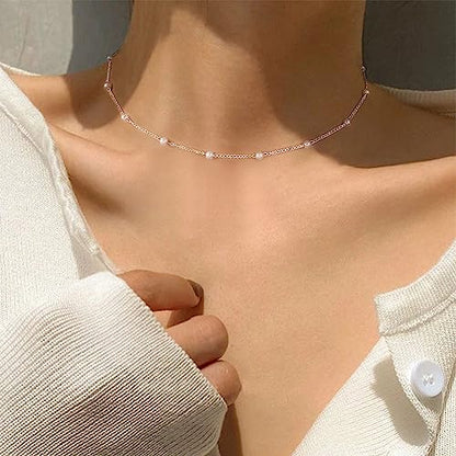 Pearl Necklaces for Women,14K Real Gold Plated Dainty Cute Pearl Necklace for Women Handmade Pearl Chain Necklace Everyday Jewelry Gift - color: Choker Style-35CM-Silver