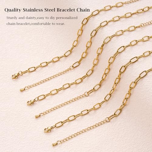 KYUNHOO 10pcs 6.7 Inches Gold Plated Paperclip Chain for Bracelet Making | Stainless Steel Jewelry Supplies for Bracelet DIY with Lobster Clasps and Chain Extension - color: round paperclip gold