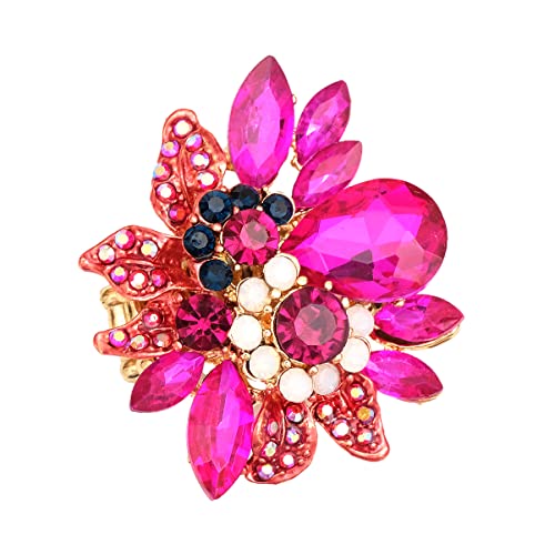 CSY Luxury Froral Cocktail Statement Rings Stretch Adjustable Ring | Gorgeous Women's Austrian Crystal Leaves Flower Big Cocktail Statement Rings Stretch Adjustable Ring Jewelry Accessories - color: hot pink crystal-gold tone