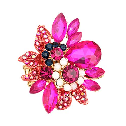 CSY Luxury Froral Cocktail Statement Rings Stretch Adjustable Ring | Gorgeous Women's Austrian Crystal Leaves Flower Big Cocktail Statement Rings Stretch Adjustable Ring Jewelry Accessories - color: hot pink crystal-gold tone