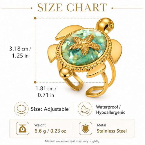 Adjustable Starfish & Tortoise Ring for Women – 18K Gold-Tone Plated Stainless Steel Open Band, Ocean-Inspired Jewelry with Shell Inlay,Comfort-Fit Statement Ring for Summer, Beach & Everyday Wear