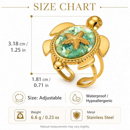 Adjustable Starfish & Tortoise Ring for Women – 18K Gold-Tone Plated Stainless Steel Open Band, Ocean-Inspired Jewelry with Shell Inlay,Comfort-Fit Statement Ring for Summer, Beach & Everyday Wear