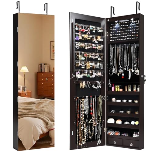 Giantex Wall Door Mounted Jewelry Armoire Cabinet with 47.5" H Full Length Mirror, 2 LEDs Lockable Jewelry Organizer Box with Bracelet Rod, 2 Drawers, Large Storage Capacity (Espresso) - color: Espresso, size: 47.5'' H