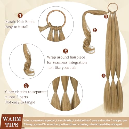 Long Braid Ponytail Extension with Hair Tie Straight Sleek Wrap Around Hair Extensions Braid Pony Tail Fluffy Natural Soft Synthetic Hairpieces for Women Daily Wear, 26 inch - color: Blonde with Pale Gold Highlights, size: 26 Inch (Pack of 1)