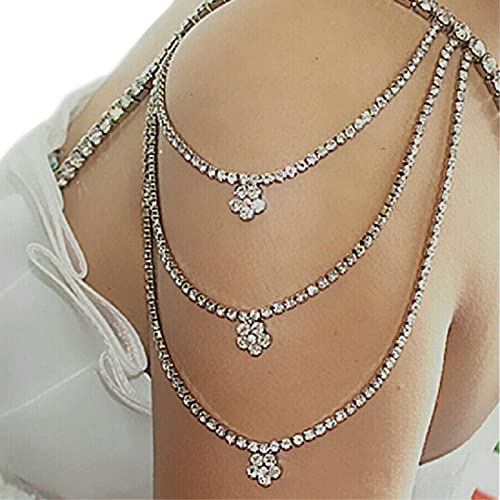 Sexy Rhinestone Shoulder Chain Necklace Multilayer Flower Shoulder Chain Statement Bridal Wedding Jewelry Rhinestone Underwear Bra Chain for Women (Silver)