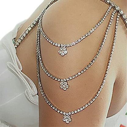 Sexy Rhinestone Shoulder Chain Necklace Multilayer Flower Shoulder Chain Statement Bridal Wedding Jewelry Rhinestone Underwear Bra Chain for Women (Silver)