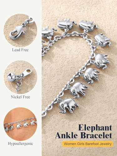 U7 Ankle Bracelets for Women Stainless Steel Waterproof Tarnish Resistant | 18K Gold Plated/Silver/Rose Gold Anklets, Cuban Chain Anklet Bracelets, Perfect for Summer Beach and Vacation Outfits - color: Platinum Plated-Elephant Charm