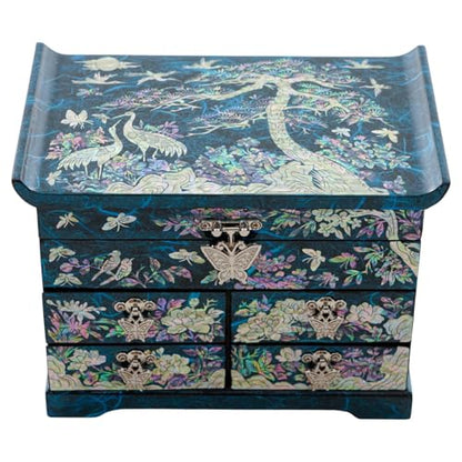 February Mountain Elegant Mother of Pearl Jewelry Box – Handcrafted Wooden Chest with Intricate Butterfly and Crane Designs, 4 Drawer Storage, and Red Velvet Interior – Ideal Gift for Women - style: Crane and Pine Tree - Blue