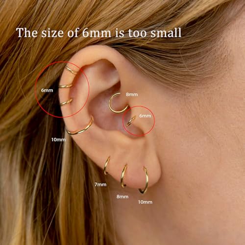 Small Gold Hoop Earrings, Lightweight 14K Gold Plated Huggie Hoop Earrings for Cartilage Helix Tragus, Hypoallergenic Earrings for Women Men, Tiny Thin Hoops Surgical Steel Endless Hoops Earrings 6-10 mm - color: 6/8/10mm Hoop Gold-18g