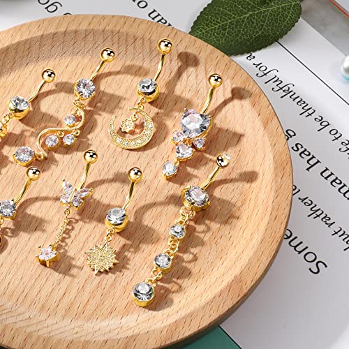 Hicarer 8 Pieces 14G Belly Button Rings Steel Long Dangle Navel Ring CZ Body Piercing Jewelry - color: Gold