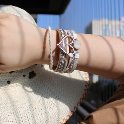 Womens Love Heart Leather Wrap Bracelet Multi-layer Stacked Bangle | Magnetic Clasp Soft PU Leather Resin Stone Rhinestone Boho Style Birthday Valentine Christmas Bohemian Jewelry Gift - color: White