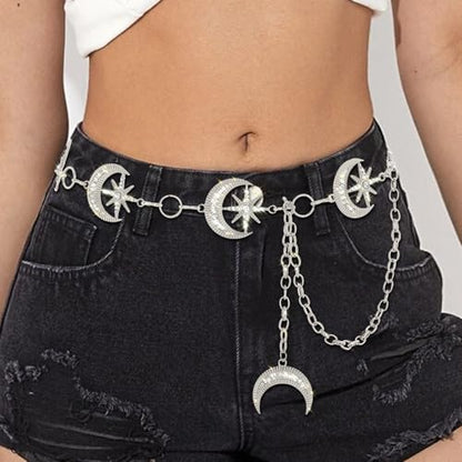 Rhinestone Moon Chain Belt Sparkly Star Waist Chain Adjustable Body Jewley for Women Dress Belt Accessory - style: Silver moon star D