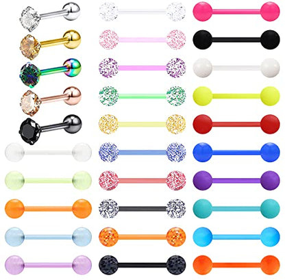 30-200Pcs 14G Surgical Steel Tongue Rings for Women Stainless Steel Nipple Rings Barbell Body Piercing - color: B: 30pcs cz style