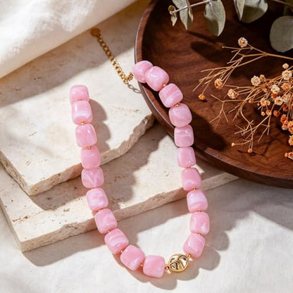 Beaded Necklaces for Women Boho Chunky Necklace Statement Big Resin Bead Choker Fashion Summer Beach Jewelry - color: Pink